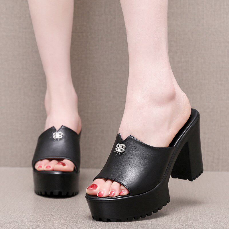 超高跟拖鞋女鱼嘴外穿粗跟10czm黑白色试衣间一字拖防水台厚底凉