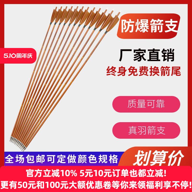 真羽竹纹混碳箭5英寸火鸡羽碳箭传统美猎复合反T曲弓练习箭馆真羽