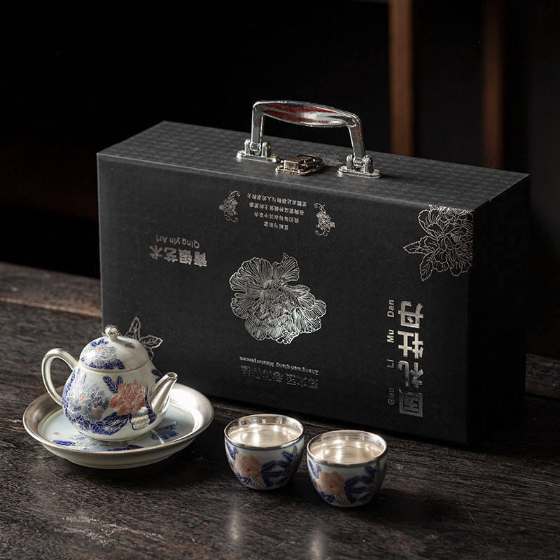 郑文强手作鎏银国色m牡丹花茶具套装一壶二杯高档旅行茶具送客户