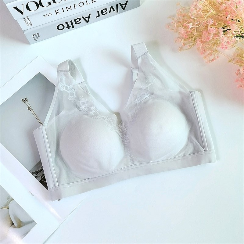 内衣女无钢e圈蝉丝蛋白聚拢上托收副乳大码胖mm美背无痕防走光文