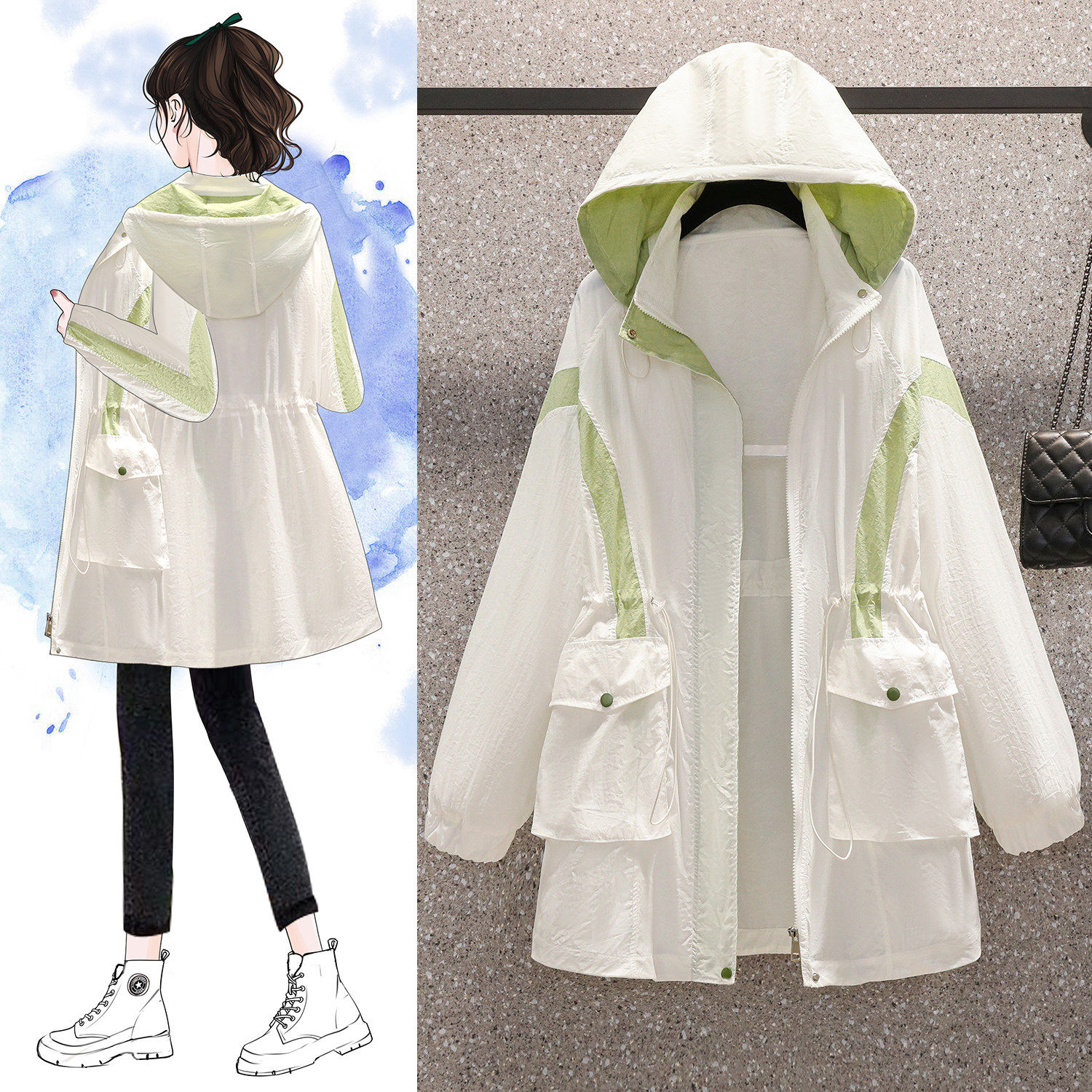 大码防晒衣薄款外套女夏季薄款宽松胖mm收腰显瘦中长款连帽防晒服