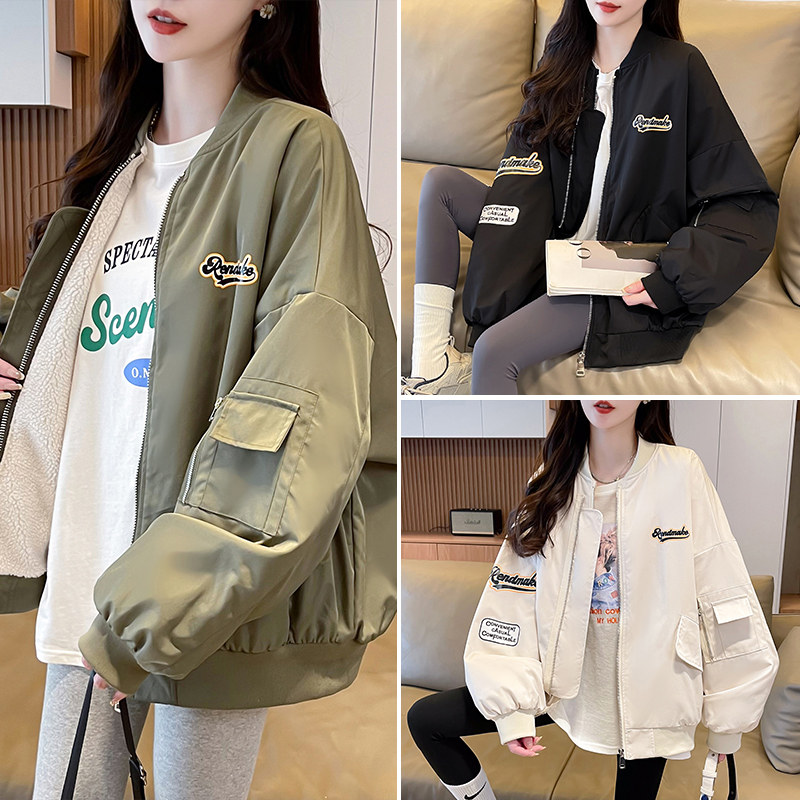 加绒加厚羊羔毛棒球服外套女2025冬季新款初中高中学生宽松棉衣潮