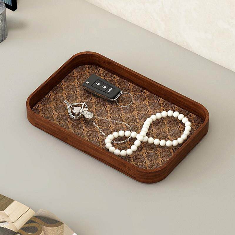 高档皮革复古茶盘轻奢实木质钥匙首饰长方形茶水文化文玩盘子托盘