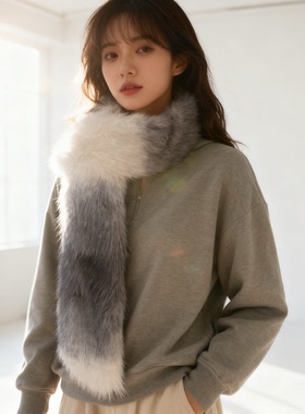 白色渐变灰双面毛狐狸毛围巾女秋冬围脖仿皮草气质款加厚保暖百搭