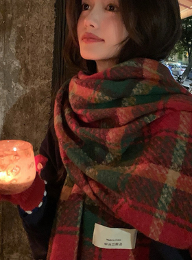 新年过年红色格子针织毛线围巾女冬季韩版氛围感学生保暖围脖加厚