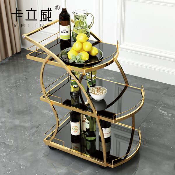 三层不锈钢酒水车移动餐车镀金移动手推车服务车4S店点心车茶水车