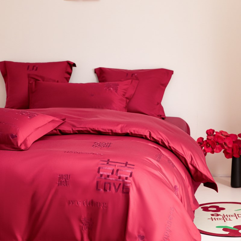 高档简约喜字结婚四件套大红色床单被套全棉纯棉婚庆床上用品婚房