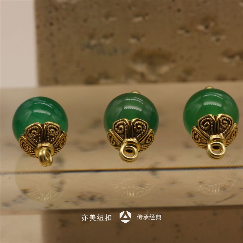 回纹碗状花托绿玛瑙扣中式盘扣手工真丝旗袍唐装定制玉石纽扣子