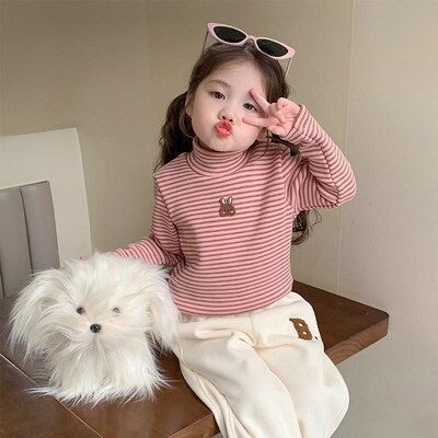 女童加绒打底衫一体绒秋冬款2024新款德绒女宝儿童条纹半高领上衣