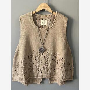 新款针织U型领砍袖背心女2025春秋宽松大码A版显瘦镂空花马甲