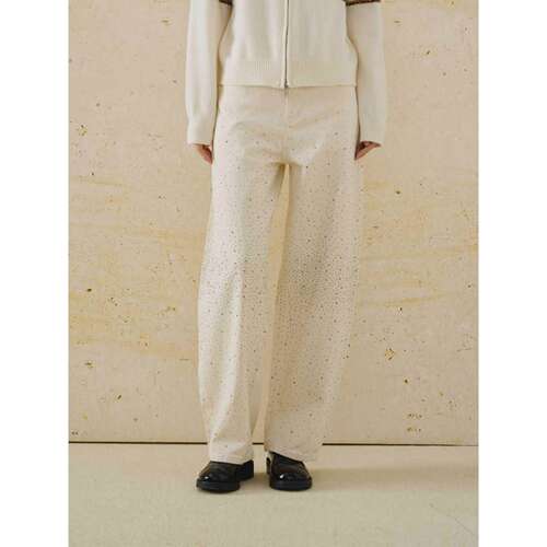 Aimme Sparrow白色烫钻休闲宽松牛仔裤时尚纽扣阔腿长裤女26春新