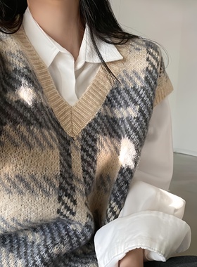 Silk·复古格雷风～休闲复古学院针织马甲秋冬外穿宽松叠穿背心