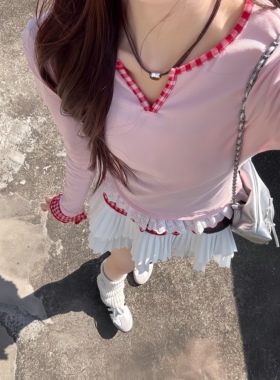 Silk·莓果派对～蜜桃粉V领长袖上衣修身内搭花边假两件T恤女秋冬