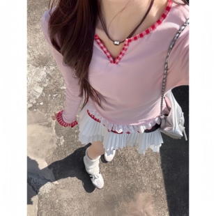 Silk·莓果派对～蜜桃粉V领长袖 内搭花边假两件T恤女秋冬 上衣修身