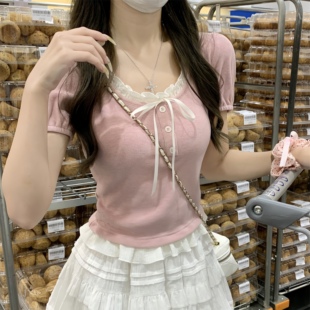 Silk·桃气乌龙～粉白蝴蝶结少女短袖 正肩T恤甜美风假两件上衣夏
