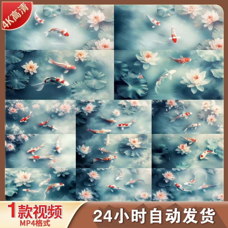 高清锦鲤荷花池塘工笔国画国漫风唯美水域春节吉祥如意视频素材