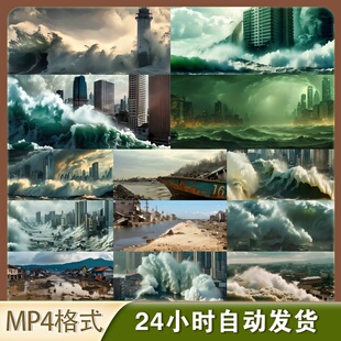 高清4k宽屏城市海啸洪水巨浪合集滔洋灾难末日巨浪滔天视频素材