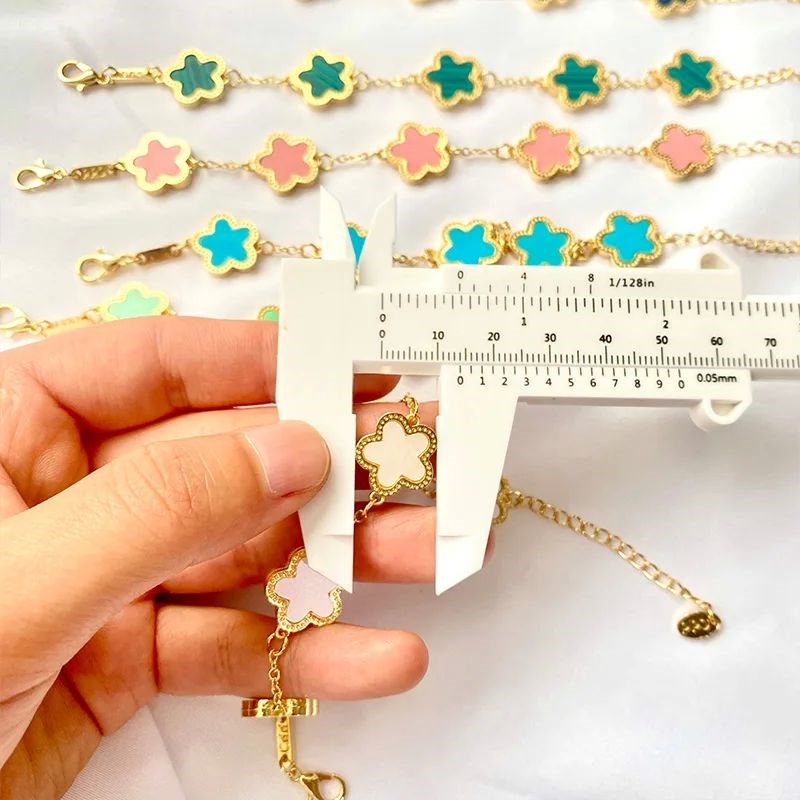Five Flower Charm Bracelet Gold PlateId Double Colorful Clov