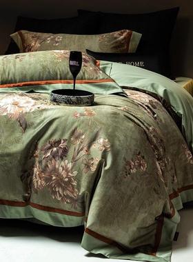 高端复古美式100S长绒棉四件套纯棉花卉数码印花被套1.8m床上用品