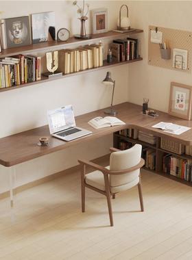 全实木转角书桌拐角型电脑桌书架书柜家用亚克力双人学习办公桌子