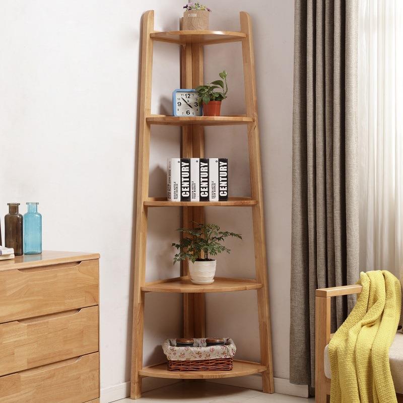 北欧实木置物架墙角书架书柜简约现代储物柜原木展示架客厅落地架