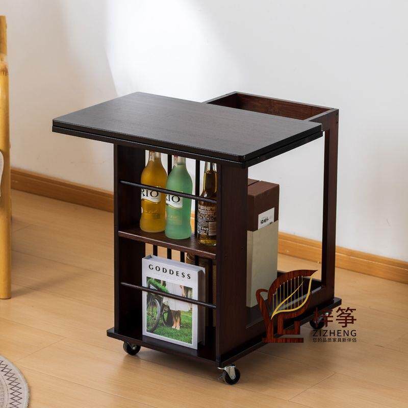 多功能旋转边几简约折叠餐桌带轮可移动家用客厅沙发边置物桌