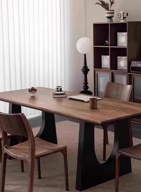 复古实木餐桌胡桃木色客厅大长书桌工作台大板餐书桌一体办公桌子