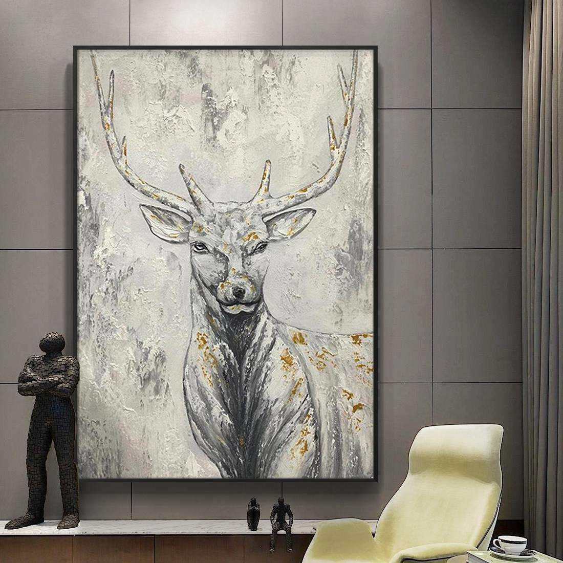 玄关装饰画入户走廊壁画动物麋鹿过道竖版挂画现代软装纯手绘油画