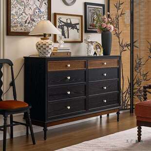 法式复古实木八斗柜中古风主卧室床尾储物柜美式黑色靠墙边抽屉柜