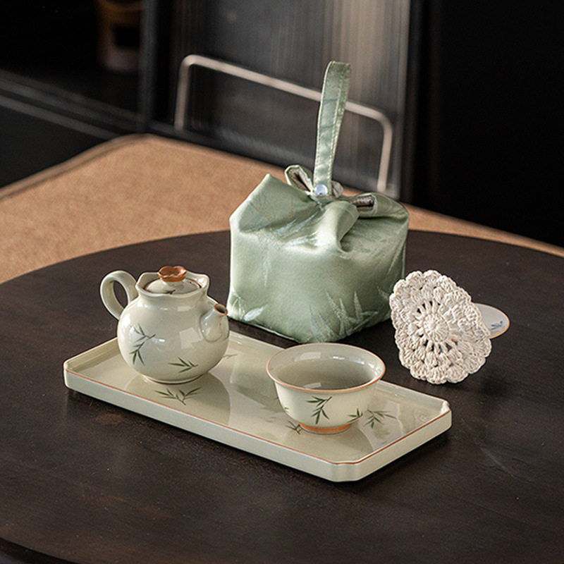 冰台手绘筱竹花边壶一壶一杯陶瓷茶杯茶杯便携旅行茶具布包套装