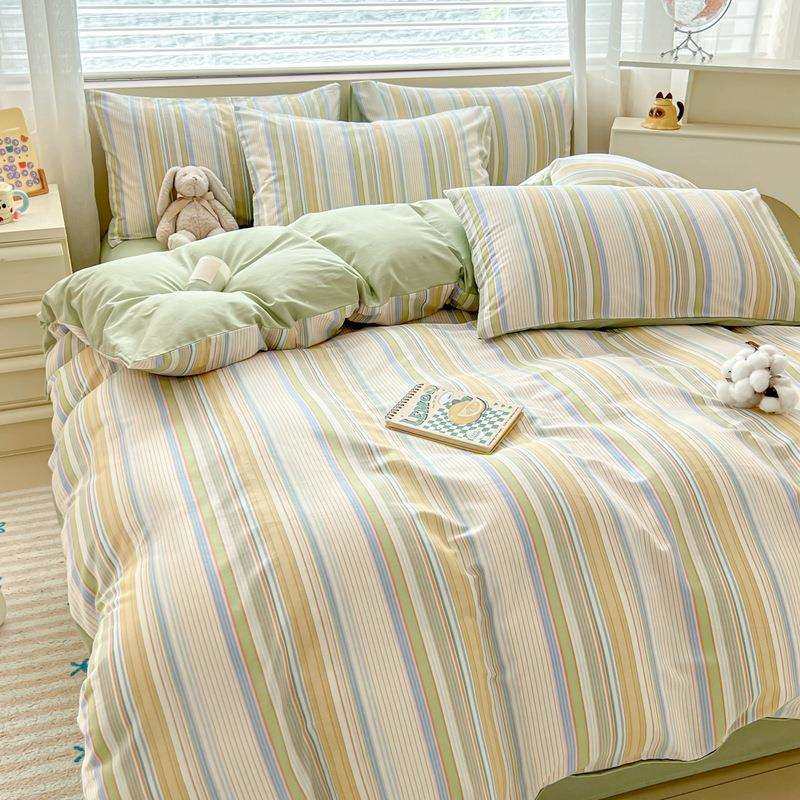 2025新款纯棉床上用品四件套条纹简约风单人宿舍全棉三件套被套罩