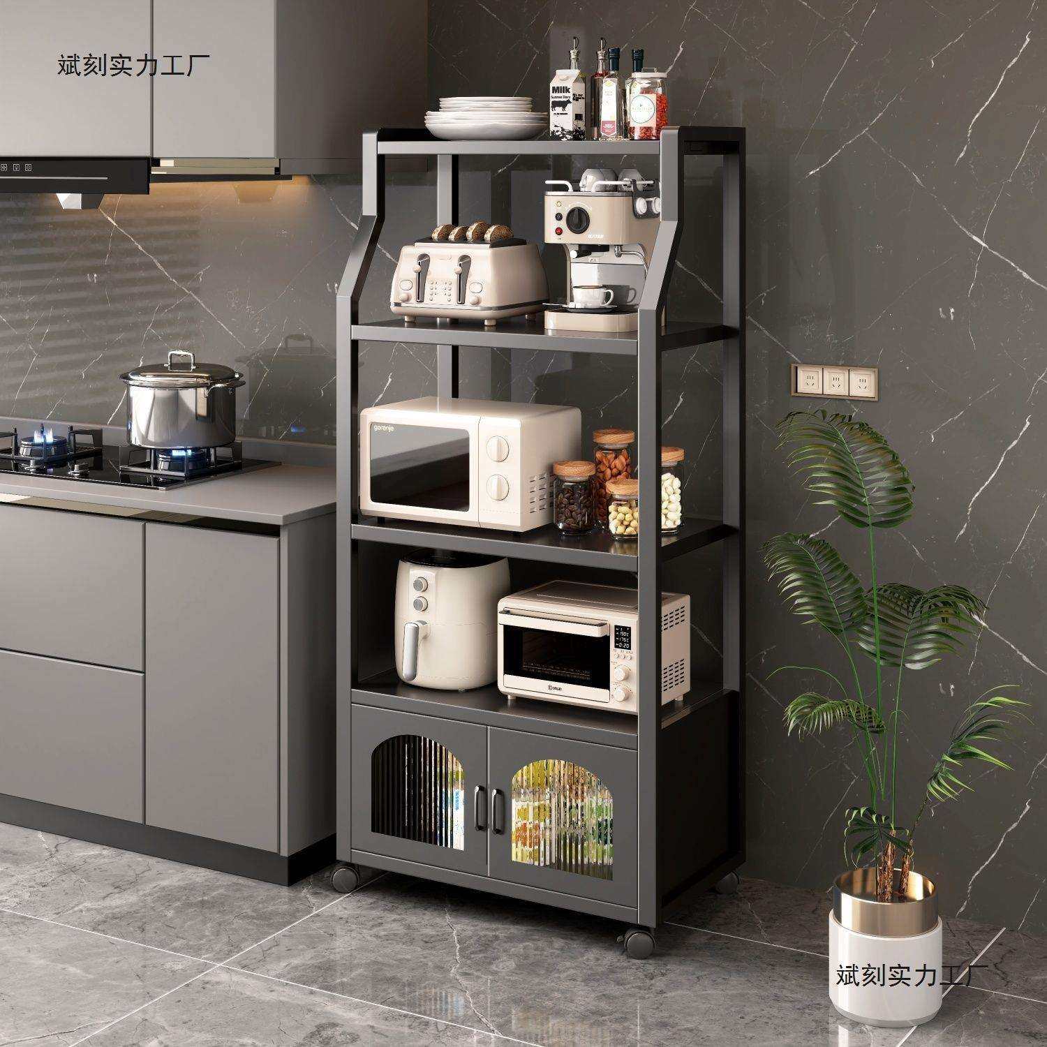 新款带轮落地式厨房置物架微波炉烤箱收纳客厅透明柜门餐边收纳柜