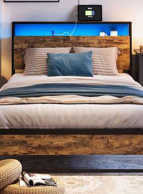 铁艺床双人铁架床带LED灯充电口加高储物板式床静音免装静音设计