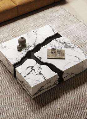 意式大理石茶几客厅家用轻奢高级感现代高端创意实木方形裂纹茶桌
