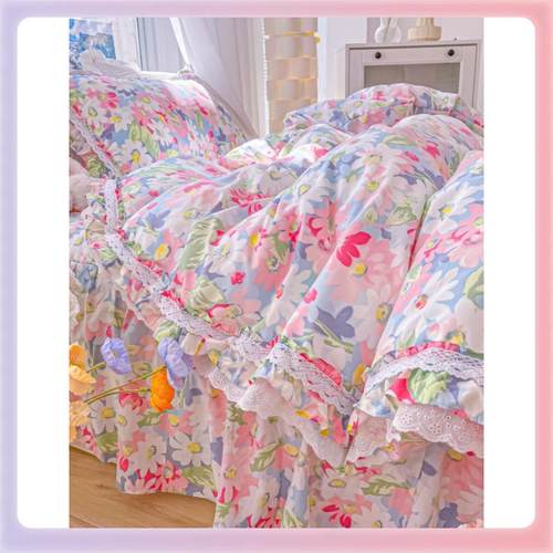 3YK全小碎花清新水洗棉床裙床罩款床上四件套蕾丝被套少女心床品i