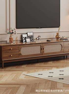 复古简约藤编电视柜中式北欧小户型实木框客厅家用茶几电视柜组合