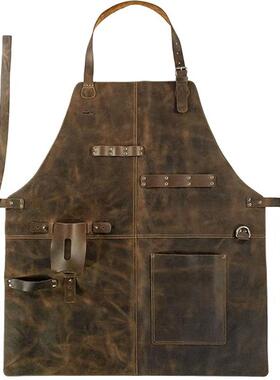 欧美复古PU皮围裙工匠木工工作服多功能交叉挂脖围裙