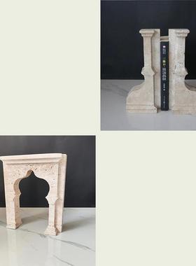 大理石黄洞石创意书档摆件书房样板间电视柜玄关桌办公室书立摆件