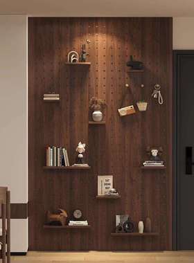 中古风实木洞洞板入户玄关墙上置物架挂板隔板墙面挂衣收纳架