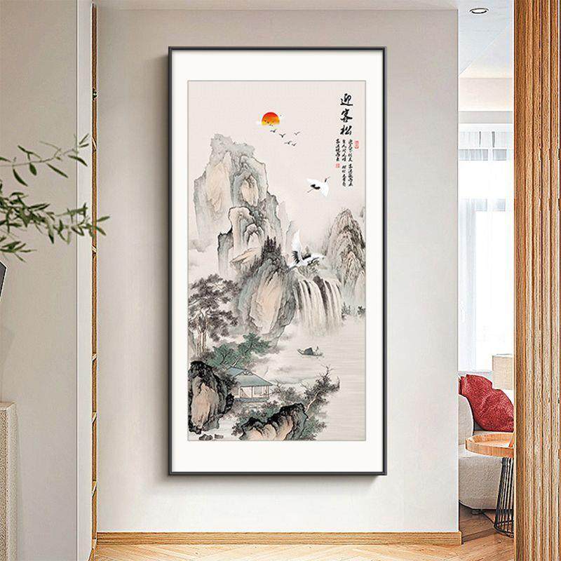 新中式入户玄关走廊过道装饰画竖版风景山水画客厅壁画迎客松挂画