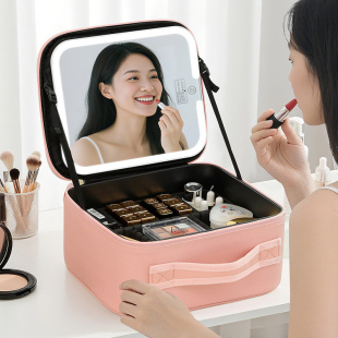 化妆包带灯带全屏镜子化妆品收纳包便携旅行手提化妆箱包女大容量