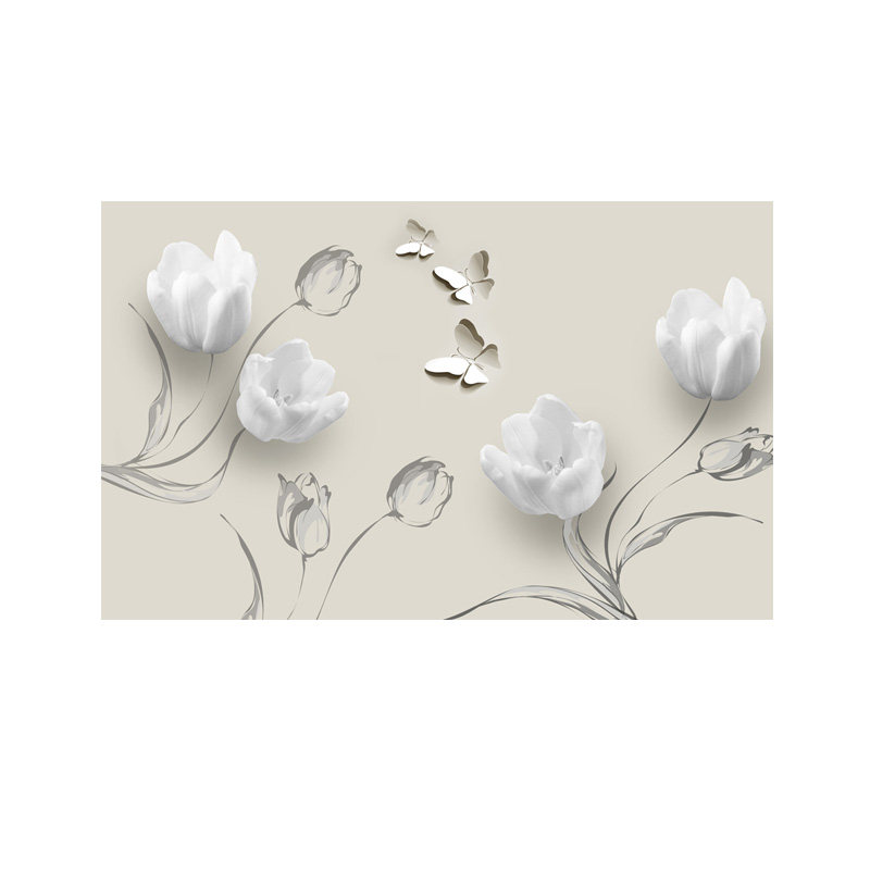 欧式浮雕电视背景墙壁纸现代时尚郁金香壁画立体蝴蝶无纺