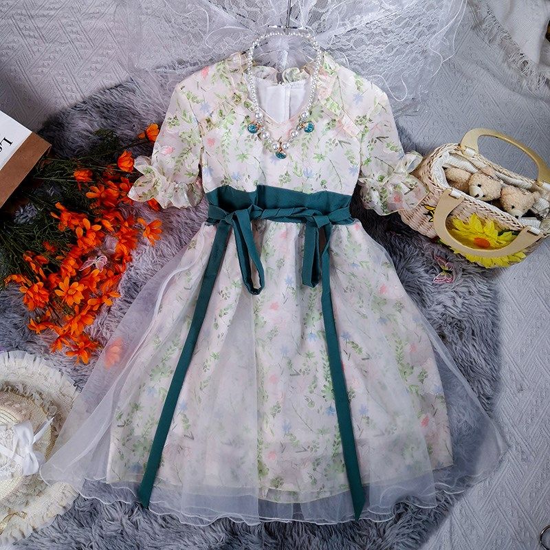 新款雪纺夏季汉服连衣裙长裙复古中国风女童裙子印花雪纺纱短袖裙