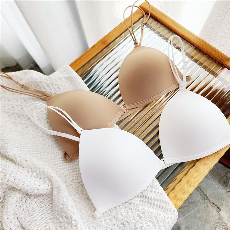 细肩带三角d杯内衣夏季女超薄款小胸法式无痕一字美背低胸前扣文