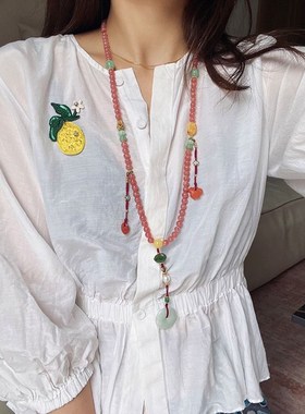 国风天然红纹石项链108颗圆珠民族风毛衣链女长款复古新中式项链
