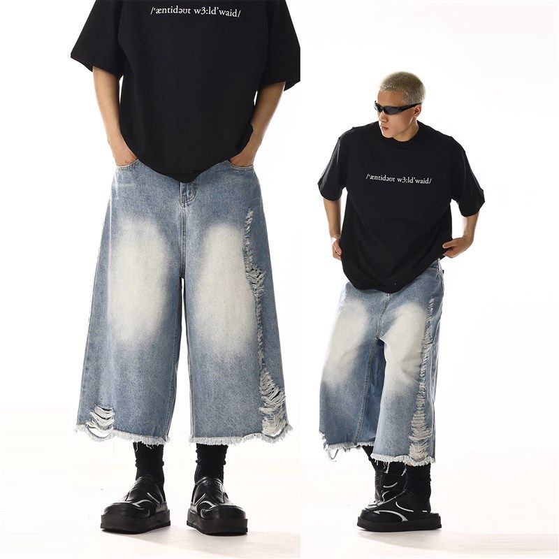 夏季美式水洗设计感破坏毛边牛仔短裤男女潮牌宽松休闲直筒八分裤