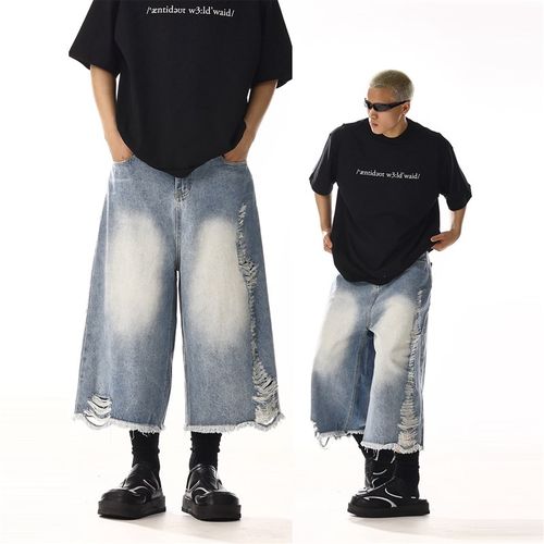 夏季美式水洗设计感破坏毛边牛仔短裤男女潮牌宽松休闲直筒八分裤