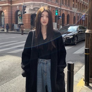 慵K懒风宽松显瘦过膝针织外 黑色长款 毛衣开衫 女2024年新款 秋冬季