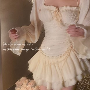 收腰公主短 芭蕾风挂脖长袖 连j衣裙仙女夏季 温柔甜美裙子无袖 修身