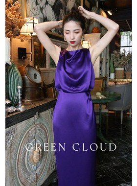 绿色云 香根鸢尾简约气质通x勤一字领收腰包臀紫色三醋酸连衣裙